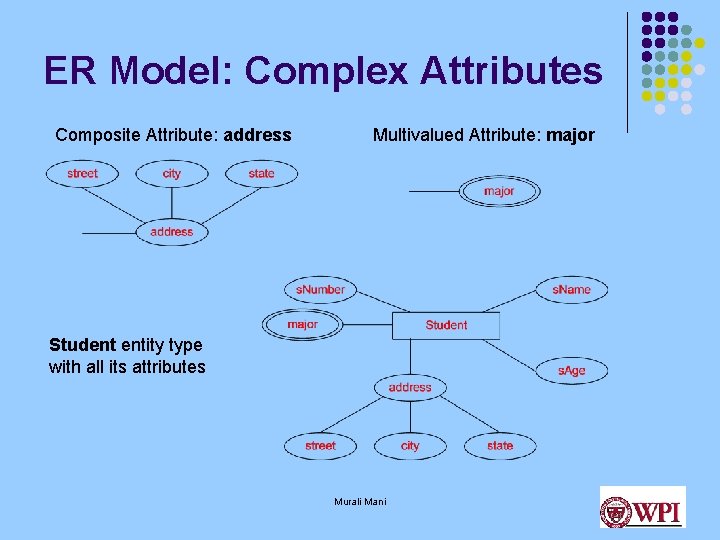 ER Model: Complex Attributes Composite Attribute: address Multivalued Attribute: major Student entity type with