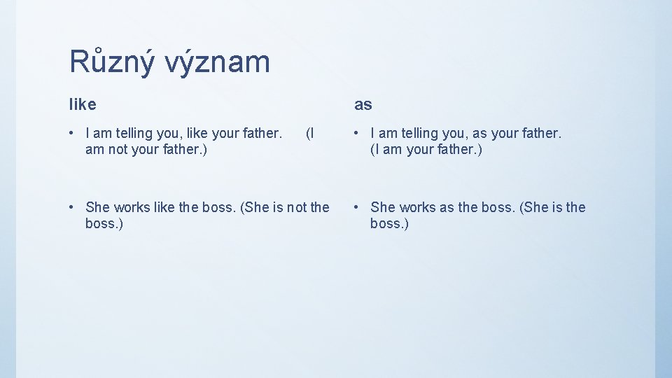 Různý význam like • I am telling you, like your father. am not your Různý význam like • I am telling you, like your father. am not your
