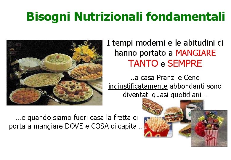 Bisogni Nutrizionali fondamentali I tempi moderni e le abitudini ci hanno portato a MANGIARE