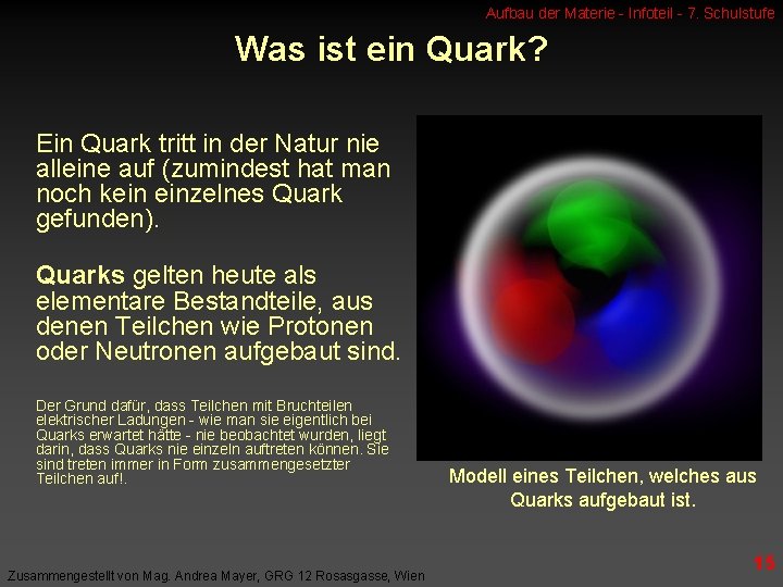 Aufbau der Materie - Infoteil - 7. Schulstufe Was ist ein Quark? Ein Quark