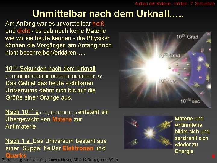 Aufbau der Materie - Infoteil - 7. Schulstufe Unmittelbar nach dem Urknall…. . Am