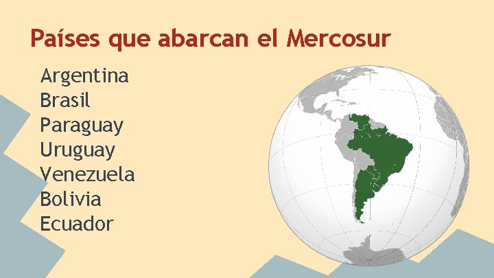 Países que abarcan el Mercosur Argentina Brasil Paraguay Uruguay Venezuela Bolivia Ecuador 