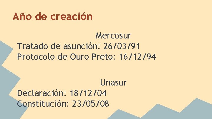 Año de creación Mercosur Tratado de asunción: 26/03/91 Protocolo de Ouro Preto: 16/12/94 Unasur