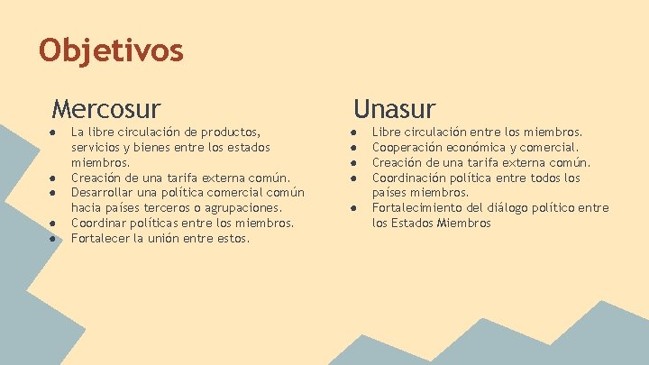 Objetivos Mercosur ● ● ● La libre circulación de productos, servicios y bienes entre