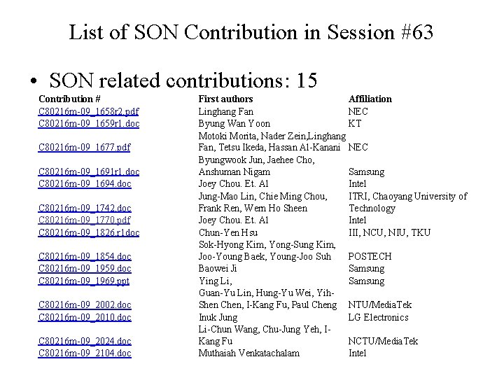 List of SON Contribution in Session #63 • SON related contributions: 15 Contribution #