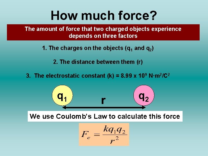 How much force? The amount of force that two charged objects experience depends on