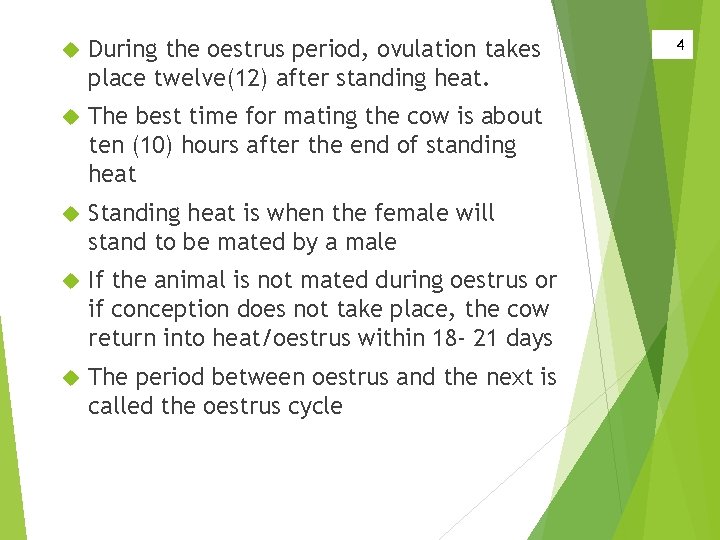  During the oestrus period, ovulation takes place twelve(12) after standing heat. The best