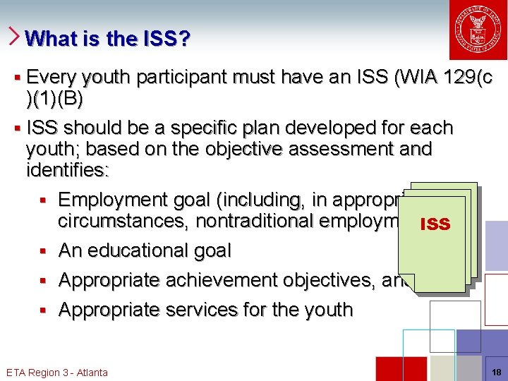 What is the ISS? § Every youth participant must have an ISS (WIA 129(c
