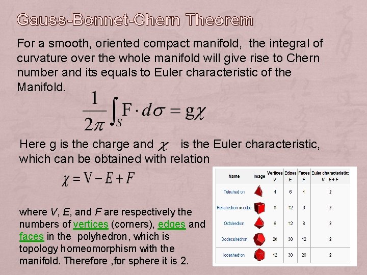 Gauss-Bonnet-Chern Theorem For a smooth, oriented compact manifold, the integral of curvature over the