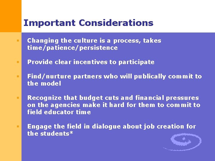 Important Considerations § Changing the culture is a process, takes time/patience/persistence § Provide clear