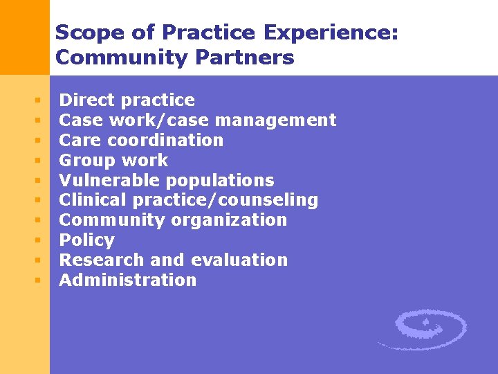 Scope of Practice Experience: Community Partners § § § § § Direct practice Case