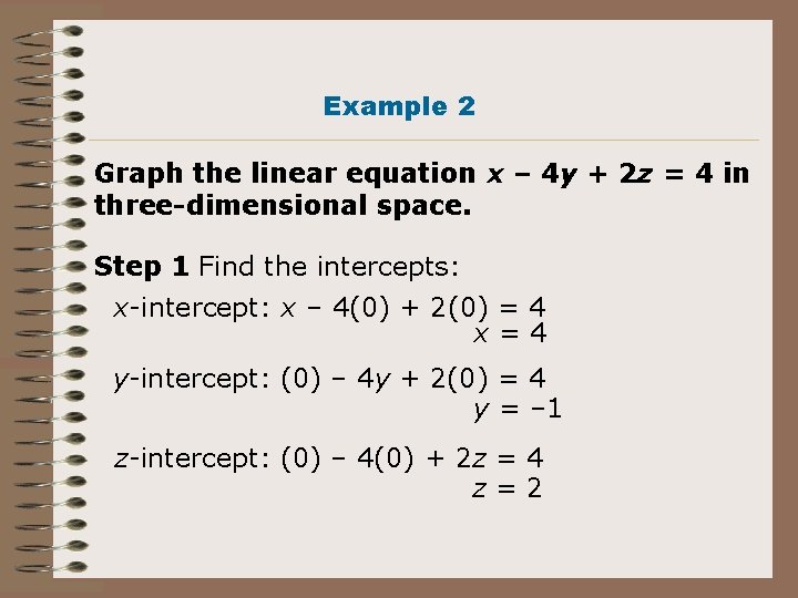 Example 2 Graph the linear equation x – 4 y + 2 z = Example 2 Graph the linear equation x – 4 y + 2 z =