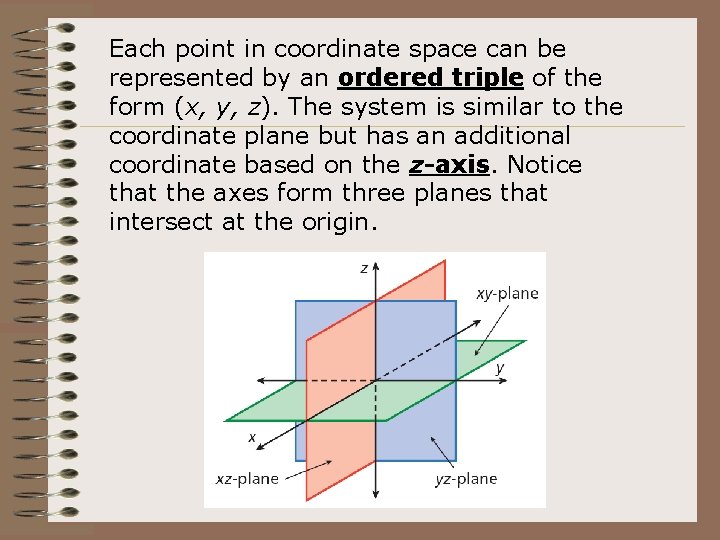 Each point in coordinate space can be represented by an ordered triple of the Each point in coordinate space can be represented by an ordered triple of the
