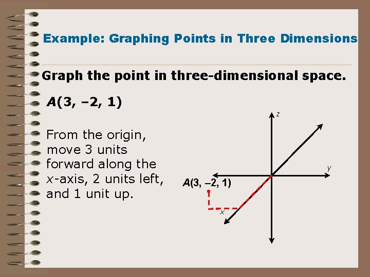Example: Graphing Points in Three Dimensions Graph the point in three-dimensional space. A(3, – Example: Graphing Points in Three Dimensions Graph the point in three-dimensional space. A(3, –
