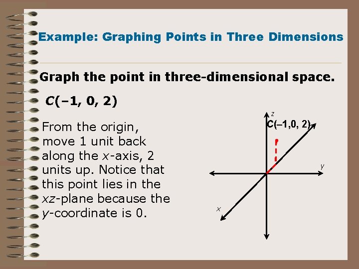 Example: Graphing Points in Three Dimensions Graph the point in three-dimensional space. C(– 1, Example: Graphing Points in Three Dimensions Graph the point in three-dimensional space. C(– 1,