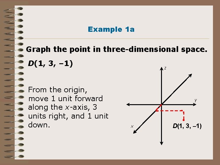 Example 1 a Graph the point in three-dimensional space. D(1, 3, – 1) From Example 1 a Graph the point in three-dimensional space. D(1, 3, – 1) From