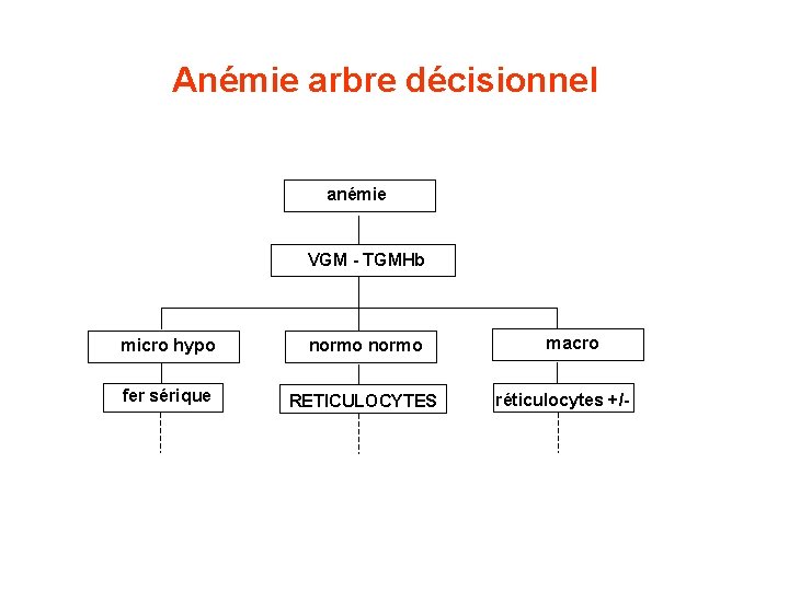 Anémie arbre décisionnel anémie VGM - TGMHb micro hypo normo fer sérique RETICULOCYTES macro