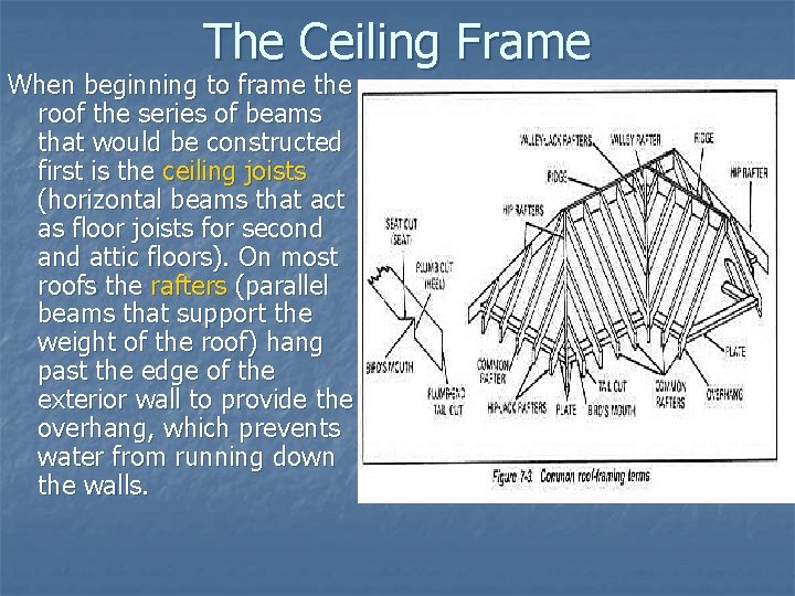 The Ceiling Frame When beginning to frame the roof the series of beams that