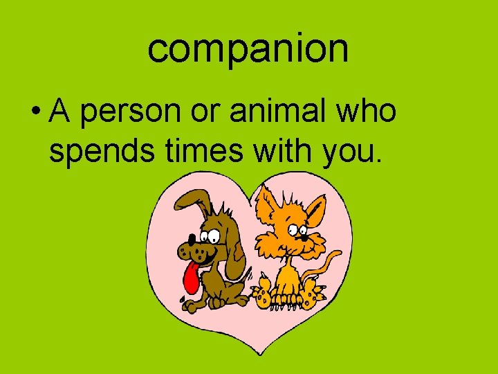 companion • A person or animal who spends times with you. 