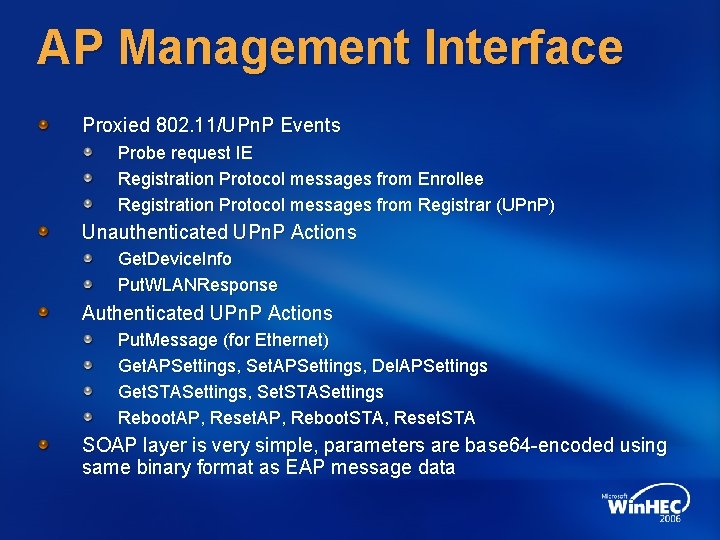 AP Management Interface Proxied 802. 11/UPn. P Events Probe request IE Registration Protocol messages