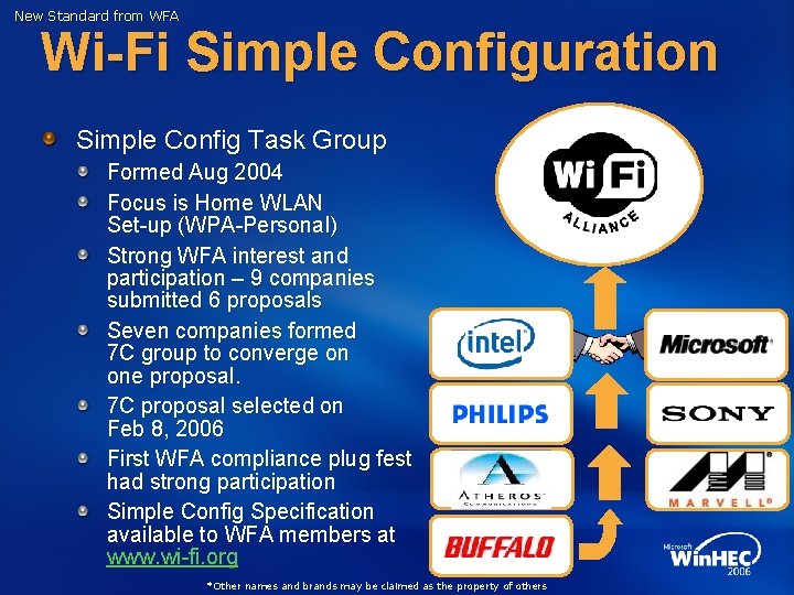 New Standard from WFA Wi-Fi Simple Configuration Simple Config Task Group Formed Aug 2004