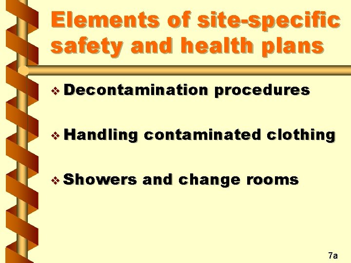 Elements of site-specific safety and health plans v Decontamination procedures v Handling contaminated clothing