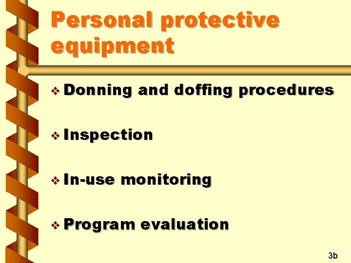 Personal protective equipment v Donning and doffing procedures v Inspection v In-use monitoring v