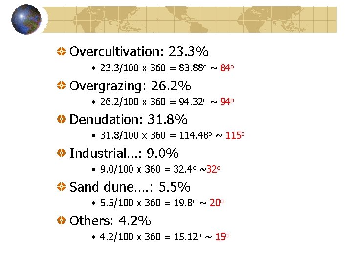 Overcultivation: 23. 3% • 23. 3/100 x 360 = 83. 88 o ~ 84 Overcultivation: 23. 3% • 23. 3/100 x 360 = 83. 88 o ~ 84