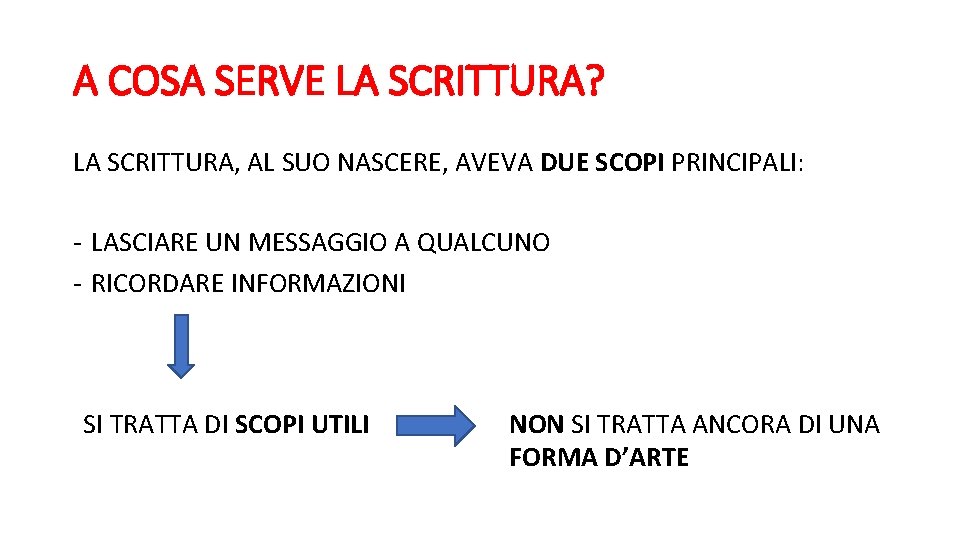 A COSA SERVE LA SCRITTURA? LA SCRITTURA, AL SUO NASCERE, AVEVA DUE SCOPI PRINCIPALI: