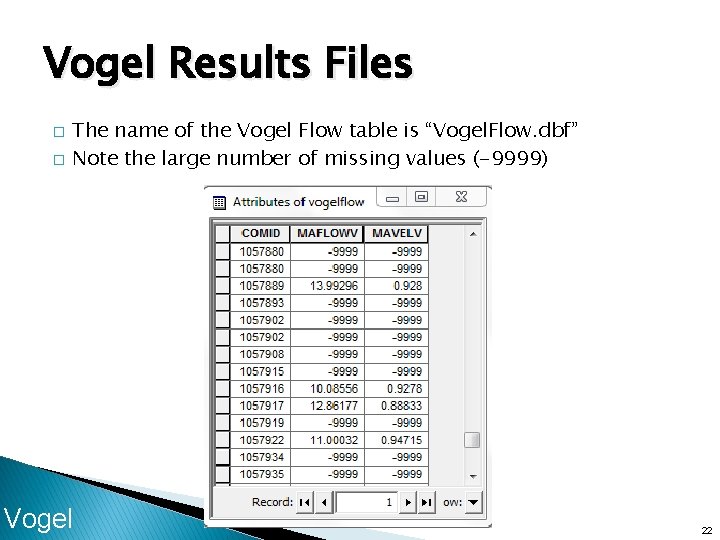 Vogel Results Files � � The name of the Vogel Flow table is “Vogel.