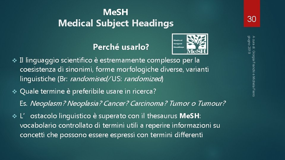 Me. SH Medical Subject Headings v Il linguaggio scientifico è estremamente complesso per la
