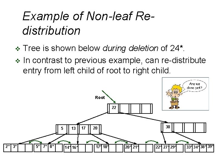 Example of Non-leaf Redistribution Tree is shown below during deletion of 24*. v In Example of Non-leaf Redistribution Tree is shown below during deletion of 24*. v In