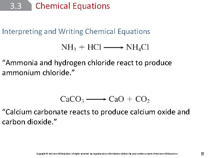 3. 3 Chemical Equations Interpreting and Writing Chemical Equations “Ammonia and hydrogen chloride react