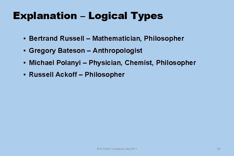 Explanation – Logical Types • Bertrand Russell – Mathematician, Philosopher • Gregory Bateson –