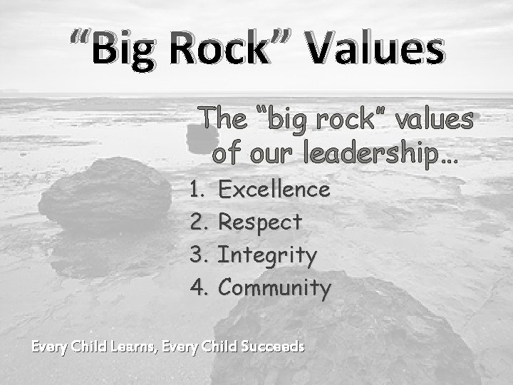 “Big Rock” Values The “big rock” values of our leadership… 1. 2. 3. 4.