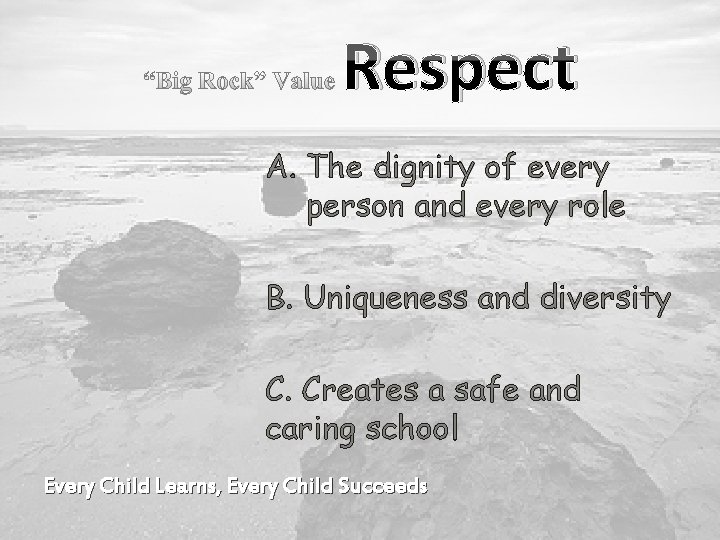 Respect A. The dignity of every person and every role B. Uniqueness and diversity