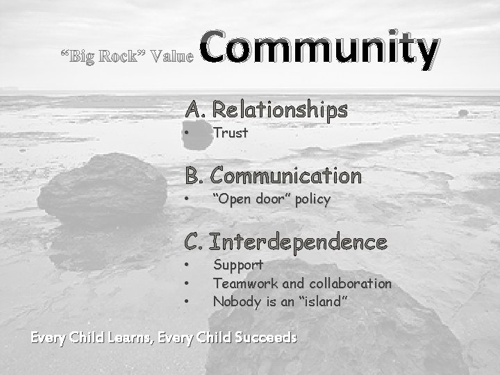 Community A. Relationships • Trust B. Communication • “Open door” policy C. Interdependence •