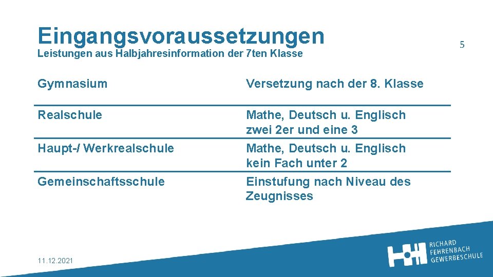 Eingangsvoraussetzungen Leistungen aus Halbjahresinformation der 7 ten Klasse Gymnasium Versetzung nach der 8. Klasse
