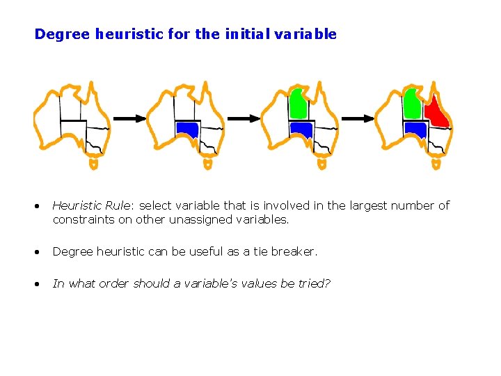 Degree heuristic for the initial variable • Heuristic Rule: select variable that is involved