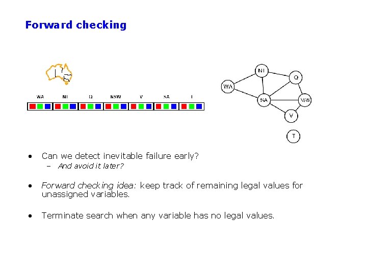 Forward checking • Can we detect inevitable failure early? – And avoid it later?