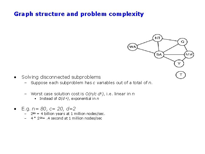 Graph structure and problem complexity • Solving disconnected subproblems – Suppose each subproblem has