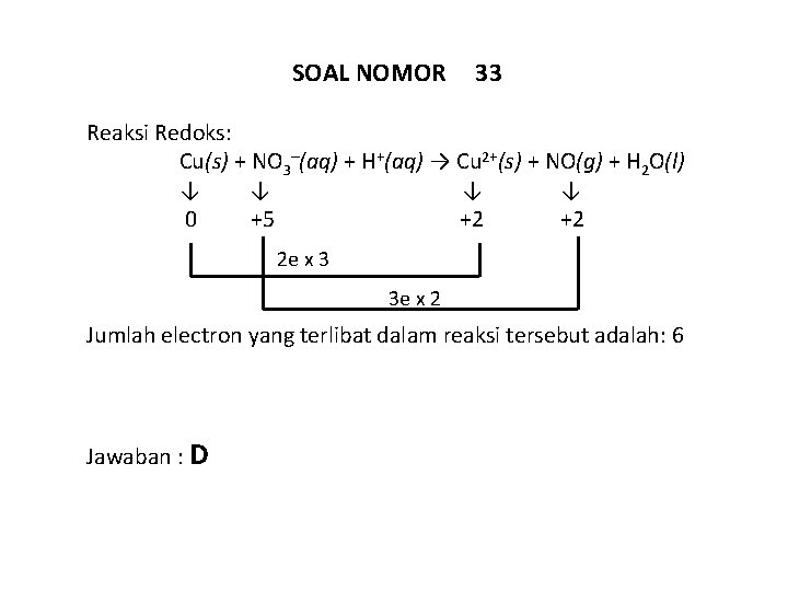 SOAL NOMOR 33 Reaksi Redoks: Cu(s) + NO 3–(aq) + H+(aq) → Cu 2+(s)