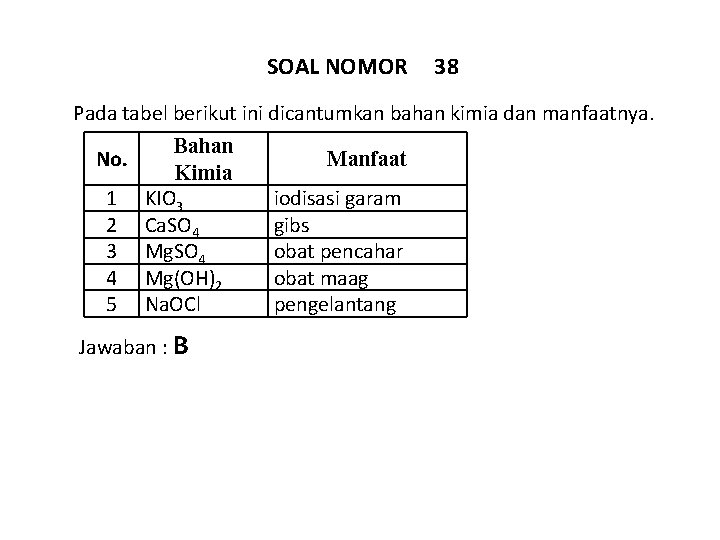 SOAL NOMOR 38 Pada tabel berikut ini dicantumkan bahan kimia dan manfaatnya. No. 1