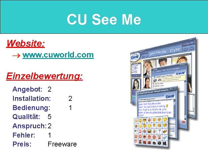CU See Me Website: www. cuworld. com Einzelbewertung: Angebot: 2 Installation: 2 Bedienung: 1