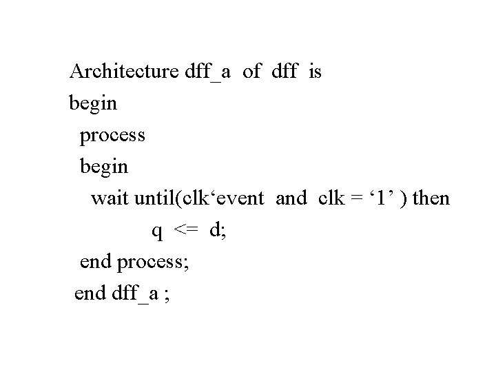 Architecture dff_a of dff is begin process begin wait until(clk‘event and clk = ‘