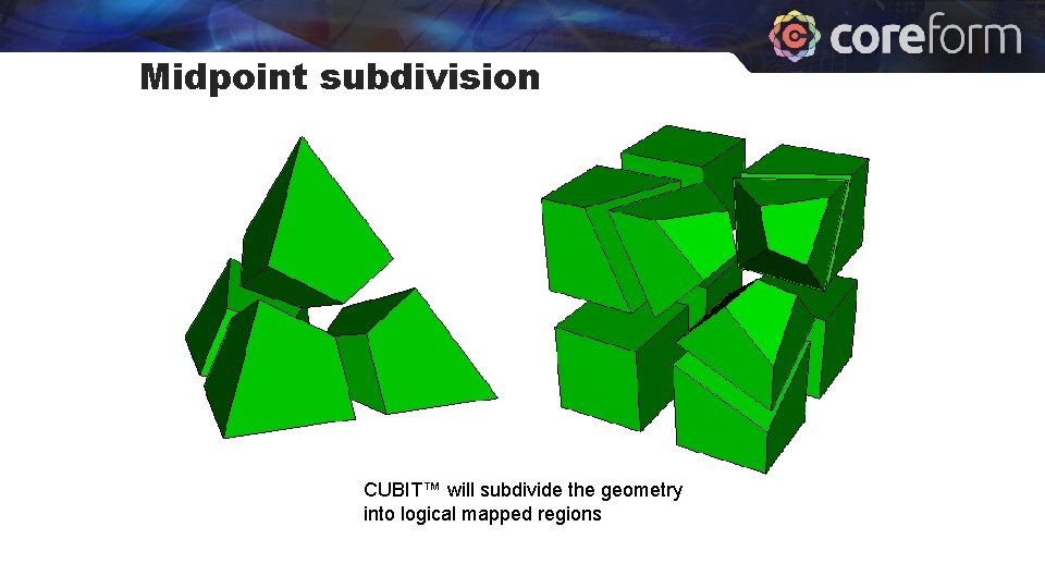 Midpoint subdivision CUBIT™ will subdivide the geometry into logical mapped regions 