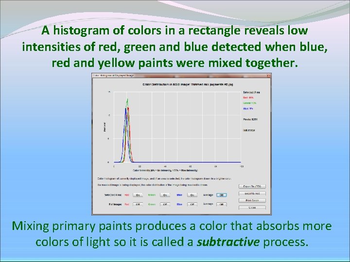 A histogram of colors in a rectangle reveals low intensities of red, green and A histogram of colors in a rectangle reveals low intensities of red, green and