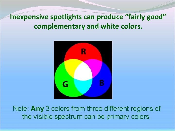 Inexpensive spotlights can produce “fairly good” complementary and white colors. Note: Any 3 colors Inexpensive spotlights can produce “fairly good” complementary and white colors. Note: Any 3 colors