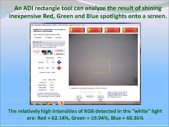An ADI rectangle tool can analyze the result of shining inexpensive Red, Green and An ADI rectangle tool can analyze the result of shining inexpensive Red, Green and