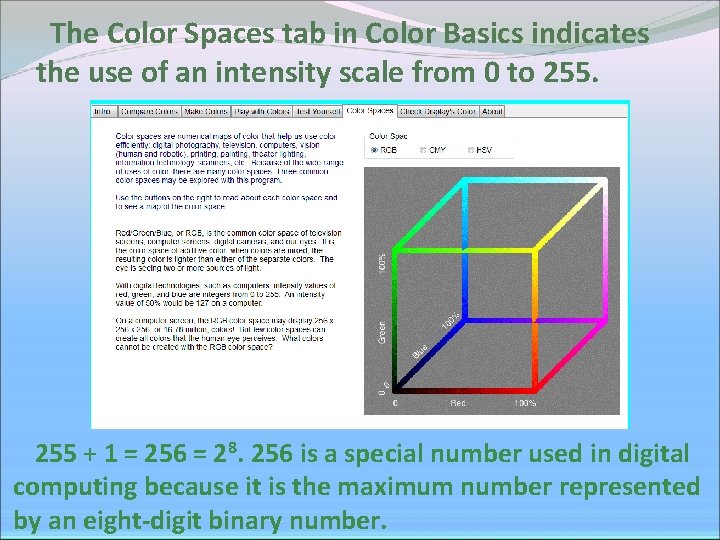 The Color Spaces tab in Color Basics indicates the use of an intensity scale The Color Spaces tab in Color Basics indicates the use of an intensity scale